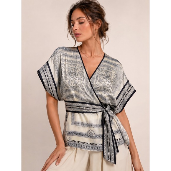 White House Black Market Tops - White House Black Market Cream and Black Patterned Wrap Blouse
